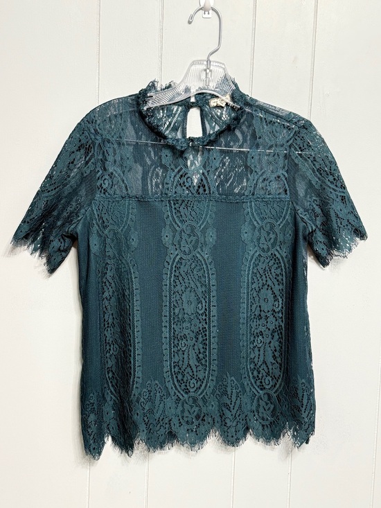 eyeshadow Tops - #19)  Eyeshadow Lace High-Neck Short Sleeve Top - Teal Green